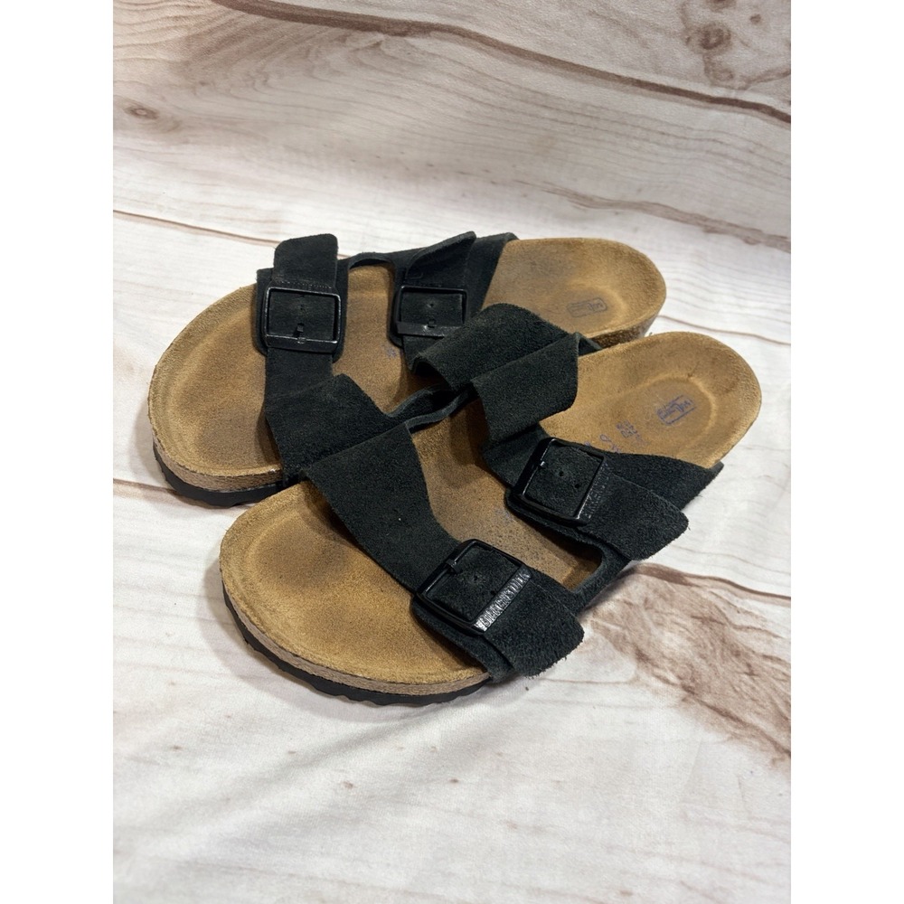 Birkenstock Black Suede Cork Footbed Two Strap Sandals EU 39 US 8 Excellent